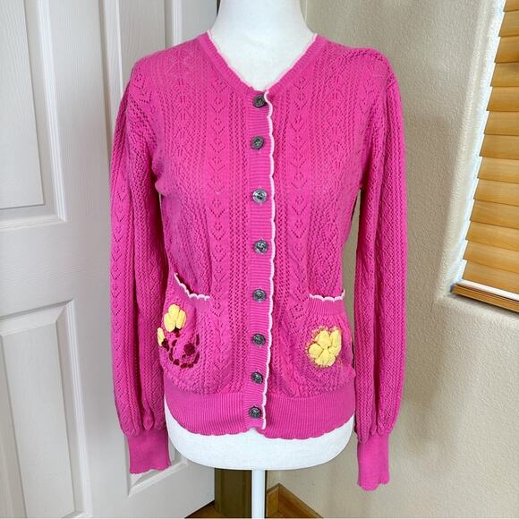 LoveShackFancy Pink Knit Flower Appliqué Pocket Cardigan Sweater. ⭐️Rare.⭐️ - Picture 1 of 13